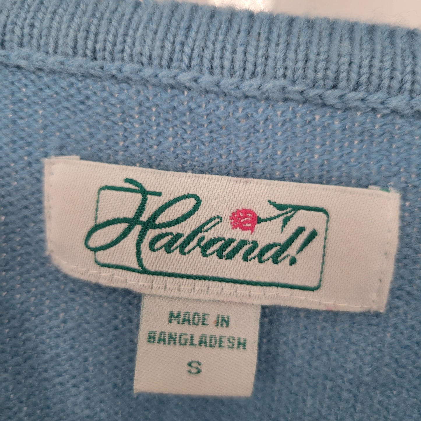 Vintage Haband Womens Sz S Thick Knit Blouse Light Blue Embroidered Floral