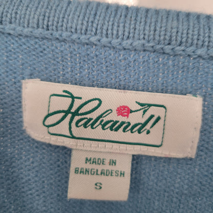 Vintage Haband Womens Sz S Thick Knit Blouse Light Blue Embroidered Floral