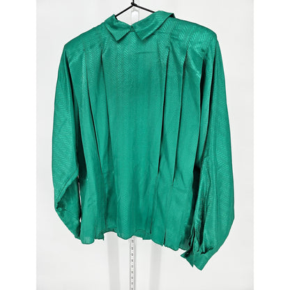 Vintage 1960s Womens Sz L Long Sleeve Satin Blouse Emerald Green Herringbone