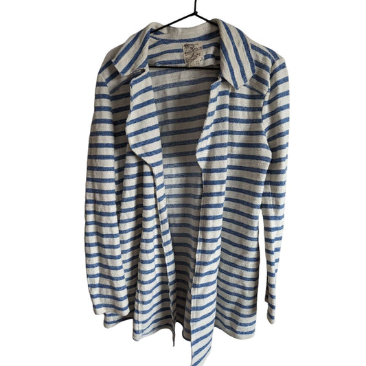 Tulle Womens Sz L Open Front Cardigan Sweater Blue White striped