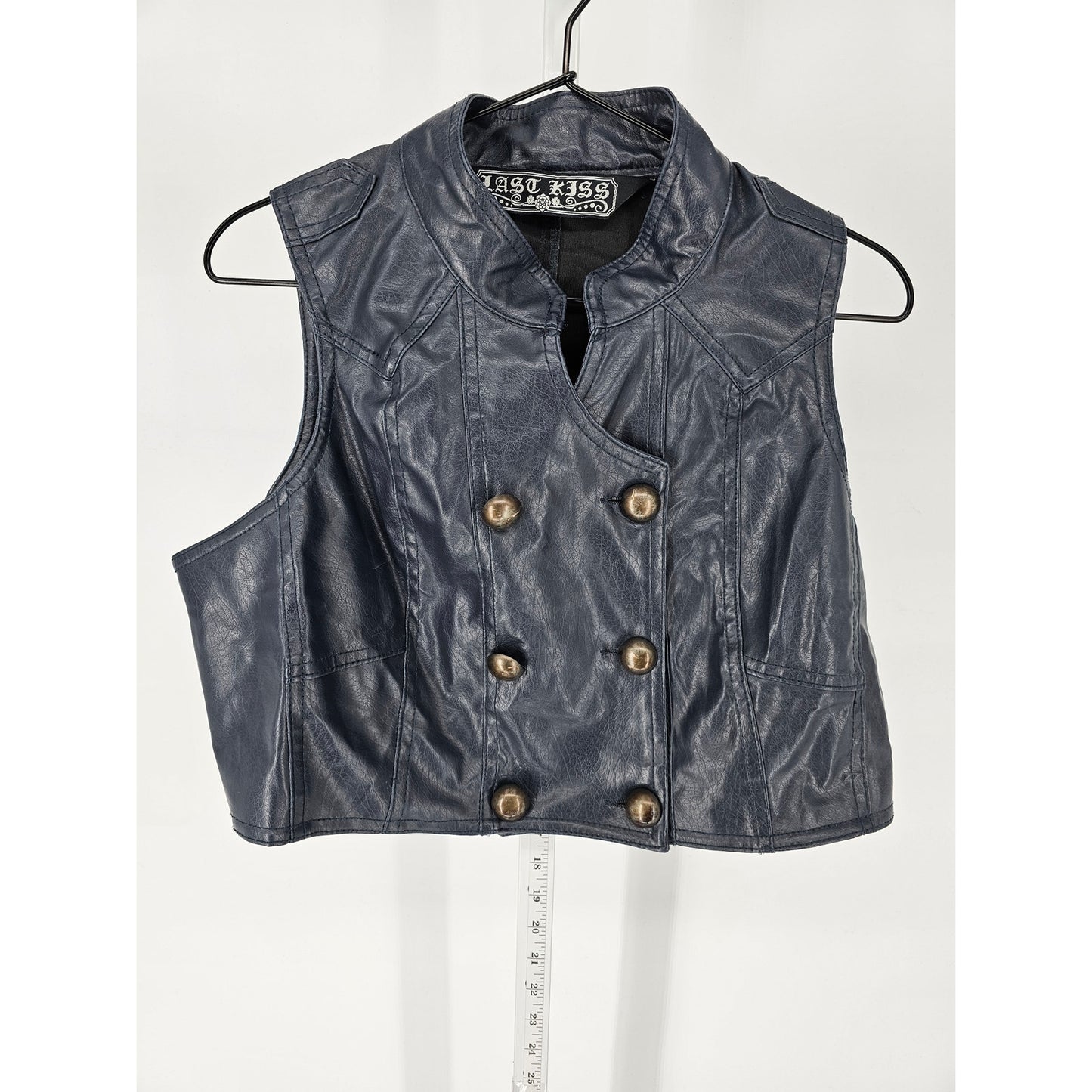 Last Kiss Womens Sz 1X Faux Leather Cropped Double Breasted Vest Slate