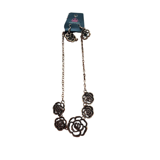 Paparazzi Womens Necklace and Earring Set Rose Flower Bronze