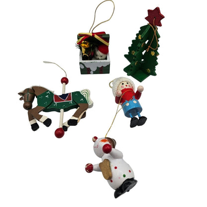 Lot of 5 Vintage Hand Painted Wooden Christas Ornaments Tree Carousel Present