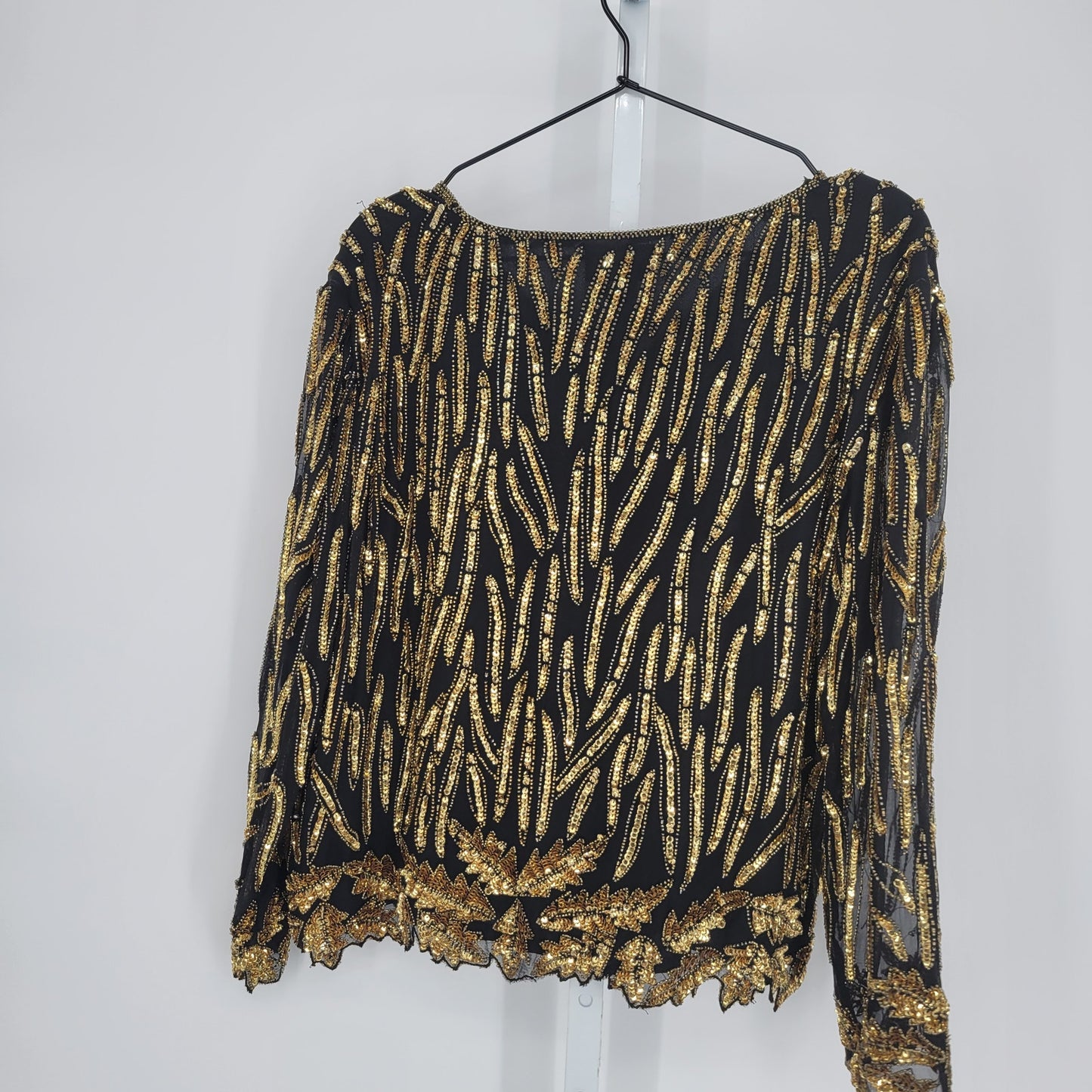 Marshall Rousso Womens Sz L 100% Silk Long Sleeve Beaded Blouse Black Gold