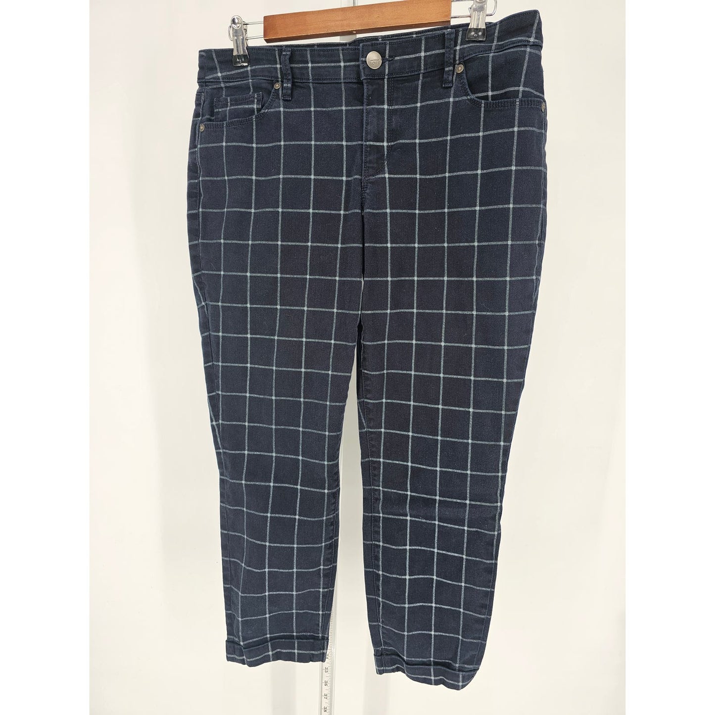 Ann Taylor Loft womens Sz 10 (30") Curvy Skinny Ankle Windowpane Pants Navy