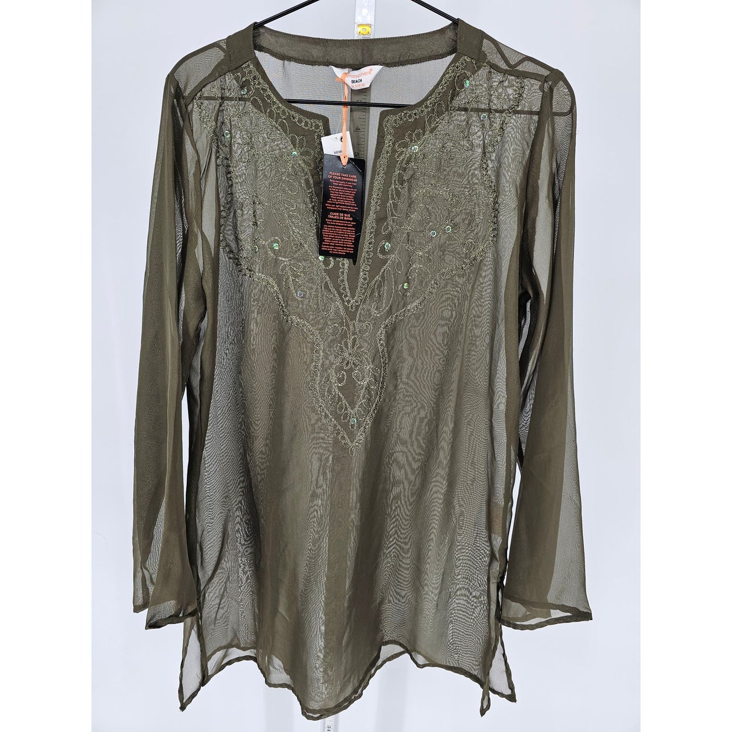 Atmosphere Beach Womens 12 Long Sleeve Swimsuit Coverup Olive Green Embroidered