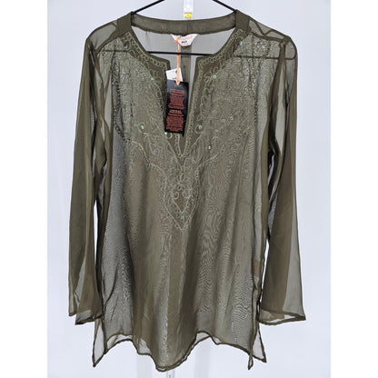 Atmosphere Beach Womens 12 Long Sleeve Swimsuit Coverup Olive Green Embroidered