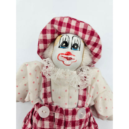 Vintage Kmachi Hand painted Clown Porcelain Doll Gingham Outfit Soft Body