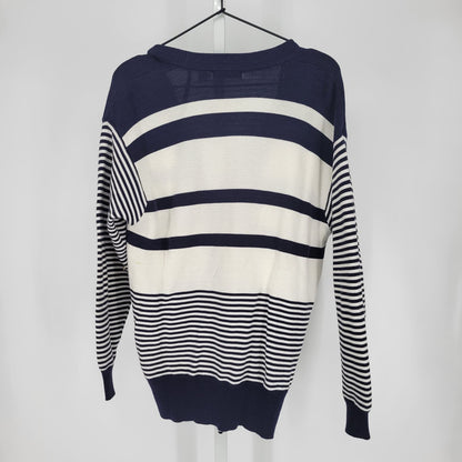 Liz Claiborne Womens Sz S 100% Cotton Cardigan Sweater Blue Striped Vintage