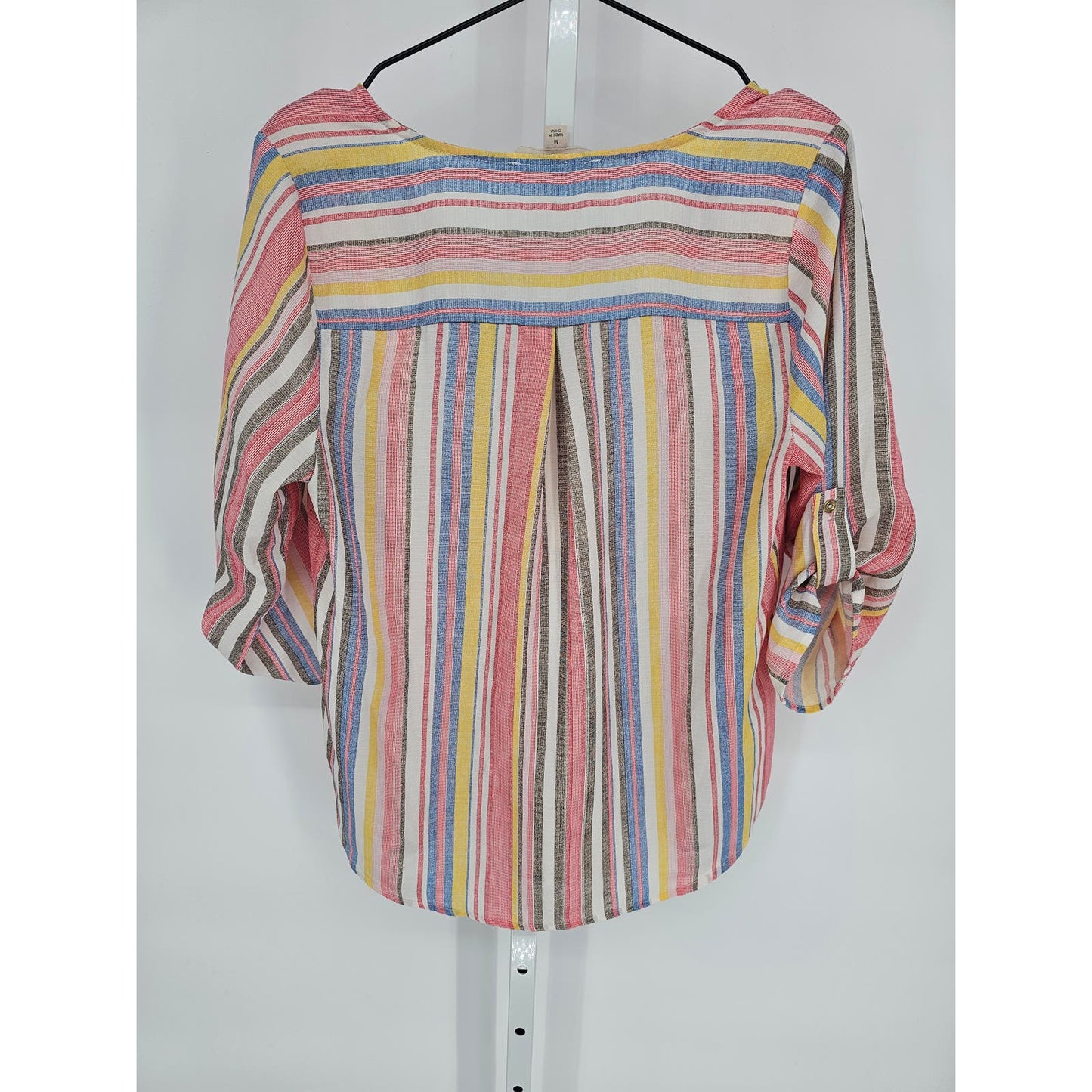 No Frills LA Womens Sz M Zip Front Rainbow Striped Blouse 3/4 Sleeve