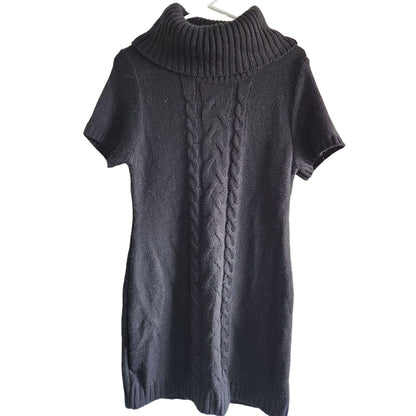 Mine Womens Sz L Cowl Neck Sweater Dress Short Sleeve Cable Knit Black
