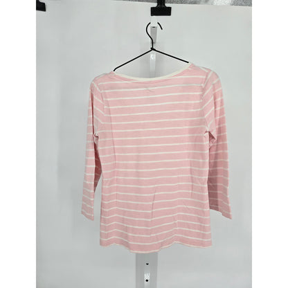 St Johns Bay Womens Sz S 3/4 Sleeve Cotton Top Light Pink White Striped