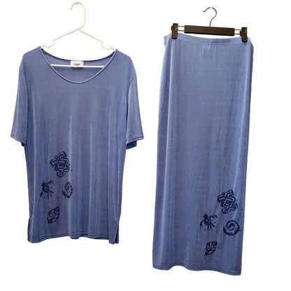 Vintage 1990s Jananas Womens Sz M Matching Blouse Skirt Set Blue Slinky