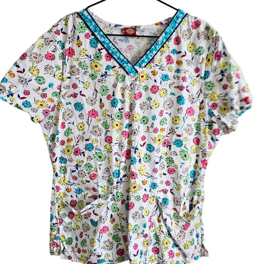 Dickies Womens Sz XL Short Sleeve Scrub Top Bright Floral Daisy Print