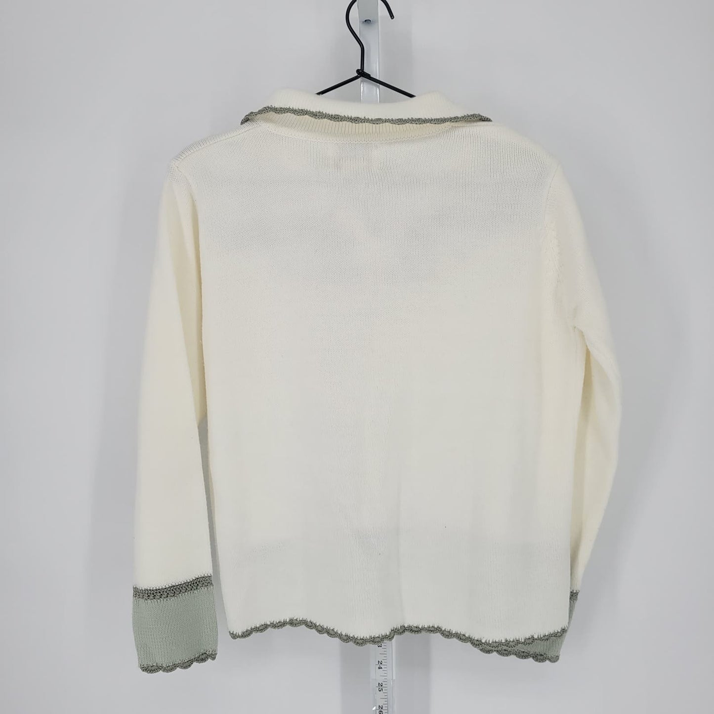 Jenny Womens Sz M Collared Knit Sweater White Sage Green Floral Vintage 1990s