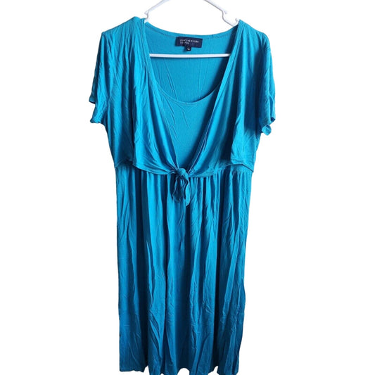 Jones New York Womens Sz L Midi Length Short Sleeve Dress Bright Blue Tie Front