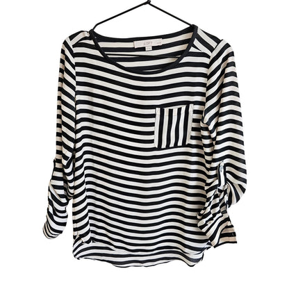 Ann Taylor Loft XSP Petite Long Sleeve Tab Sleeve Blouse Black White Striped