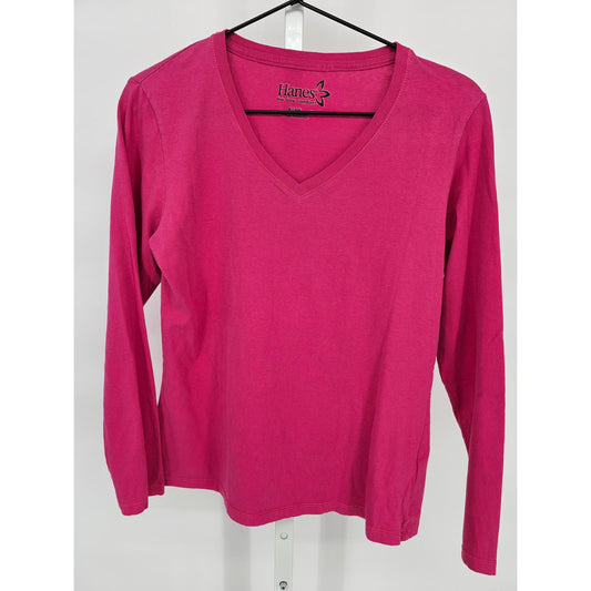 Hanes Womens Sz S Long Sleeve V Neck T Shirt Bright Pink