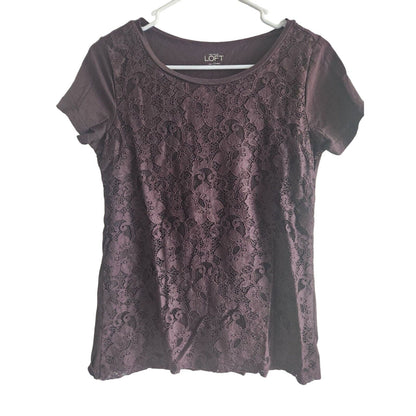 Ann Taylor LOFT Womens Sz XS Brown Lace Front Short Sleeve Shirt