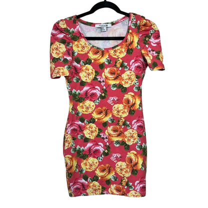 Forever 21 Womens Sz M Mini Dress Bright Floral Short Sleeve Fitted