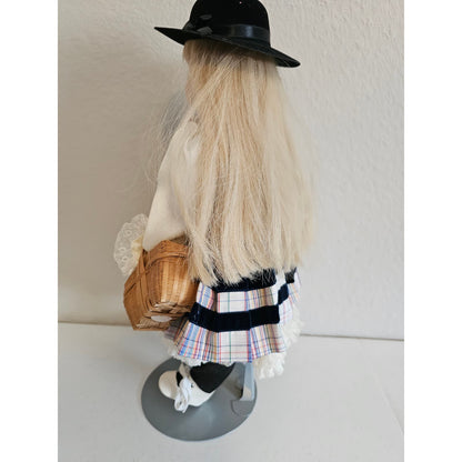 Vintage 1990s Porcelain Doll Straight Blonde Hair Picnic Basket Plaid Dress