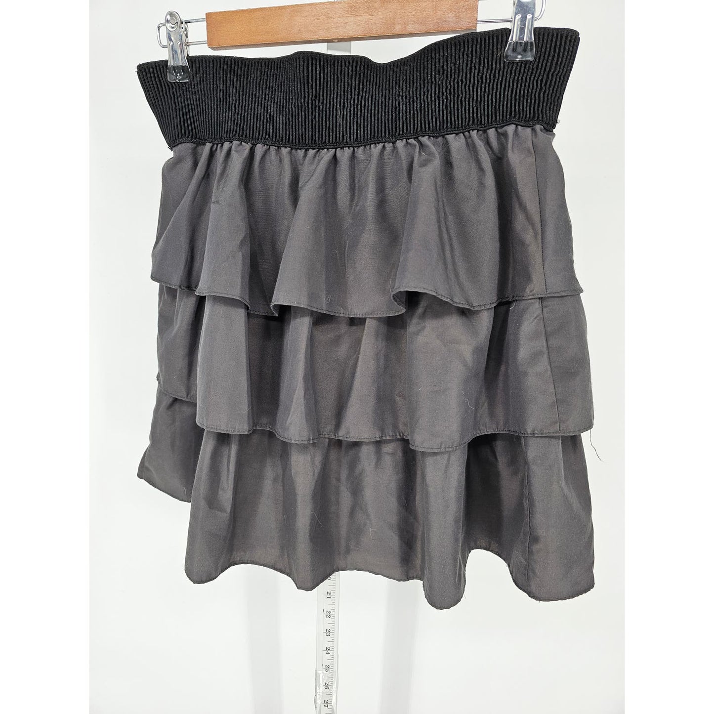 Vintage Y2K Rhapsody Womens Sz L Mini Skirt Silver Black Ruffled Tiered