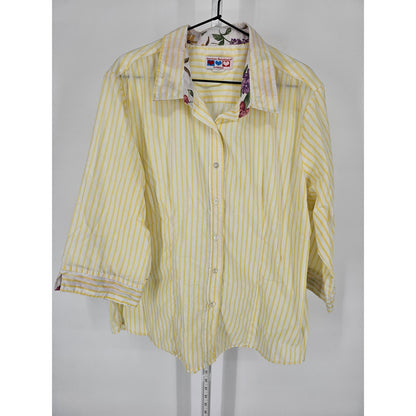 American Sweetheart Haband Womens Sz L Button Up Blouse Yellow White Striped