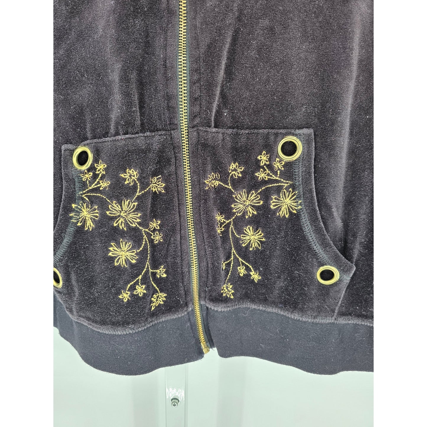 Style & Co Womens Sz L Full Zip Velour Track Jacket Black and Gold Hooded