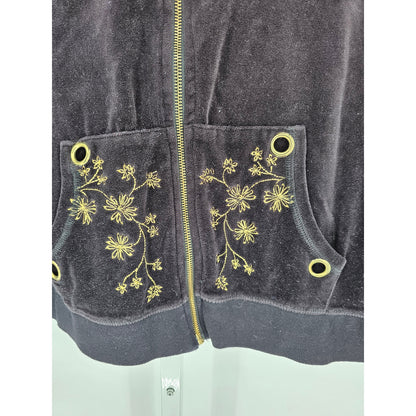 Style & Co Womens Sz L Full Zip Velour Track Jacket Black and Gold Hooded