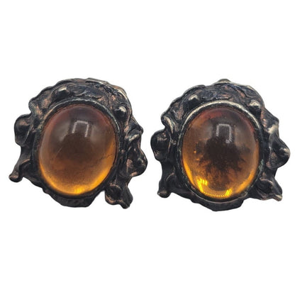 Vintage BARCS Silver TONE Amber Orange Glass CABOCHON Clip ON Earrings