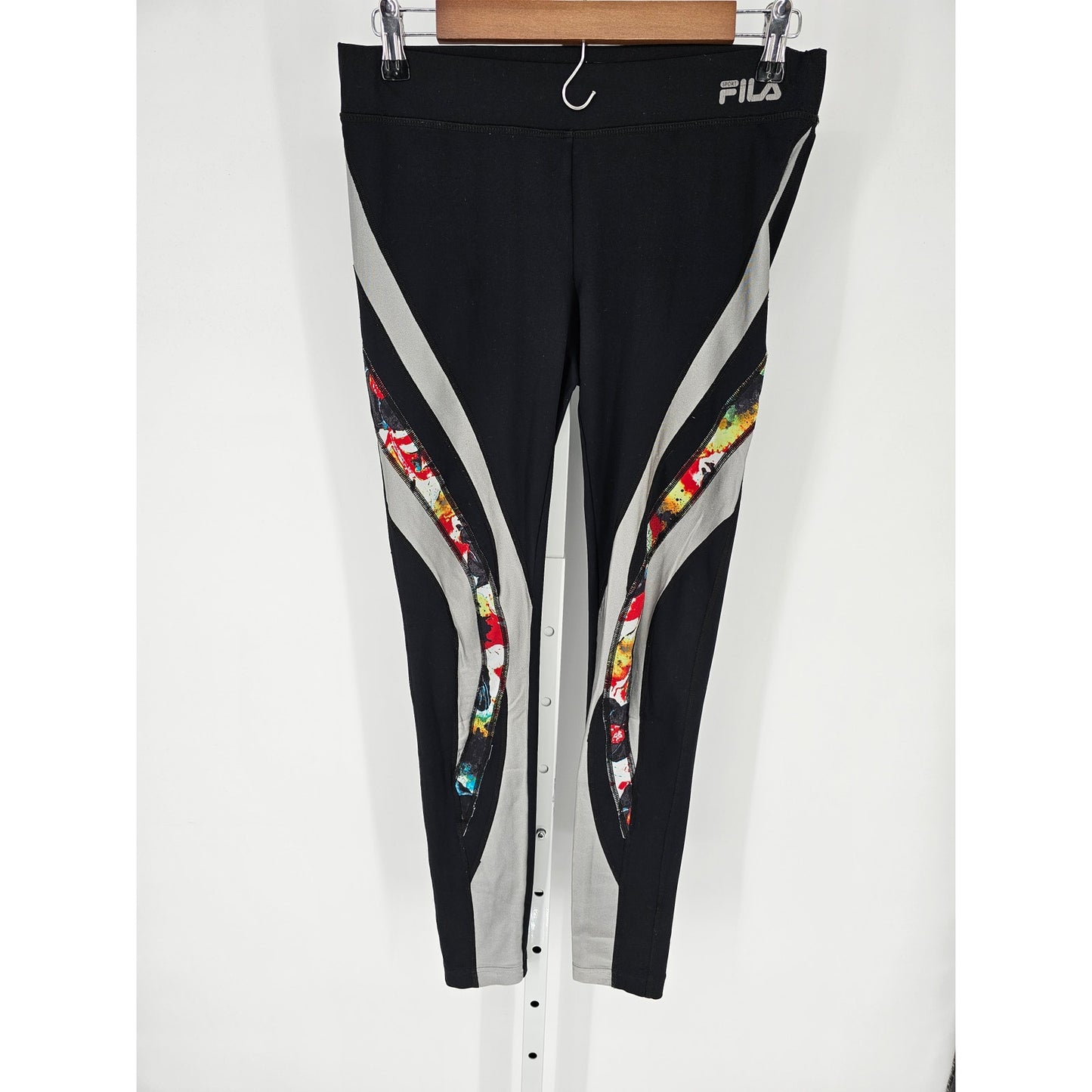 Fila Sport Womens Sz S Athletic Leggings Black Colorful Side Print Mid Rise