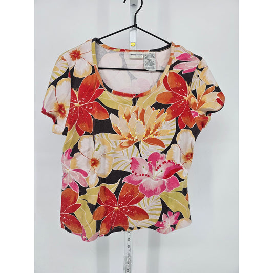 White Stag Womens Sz L Short Sleeve T Shirt Yellow Red Floral Scoop Neck