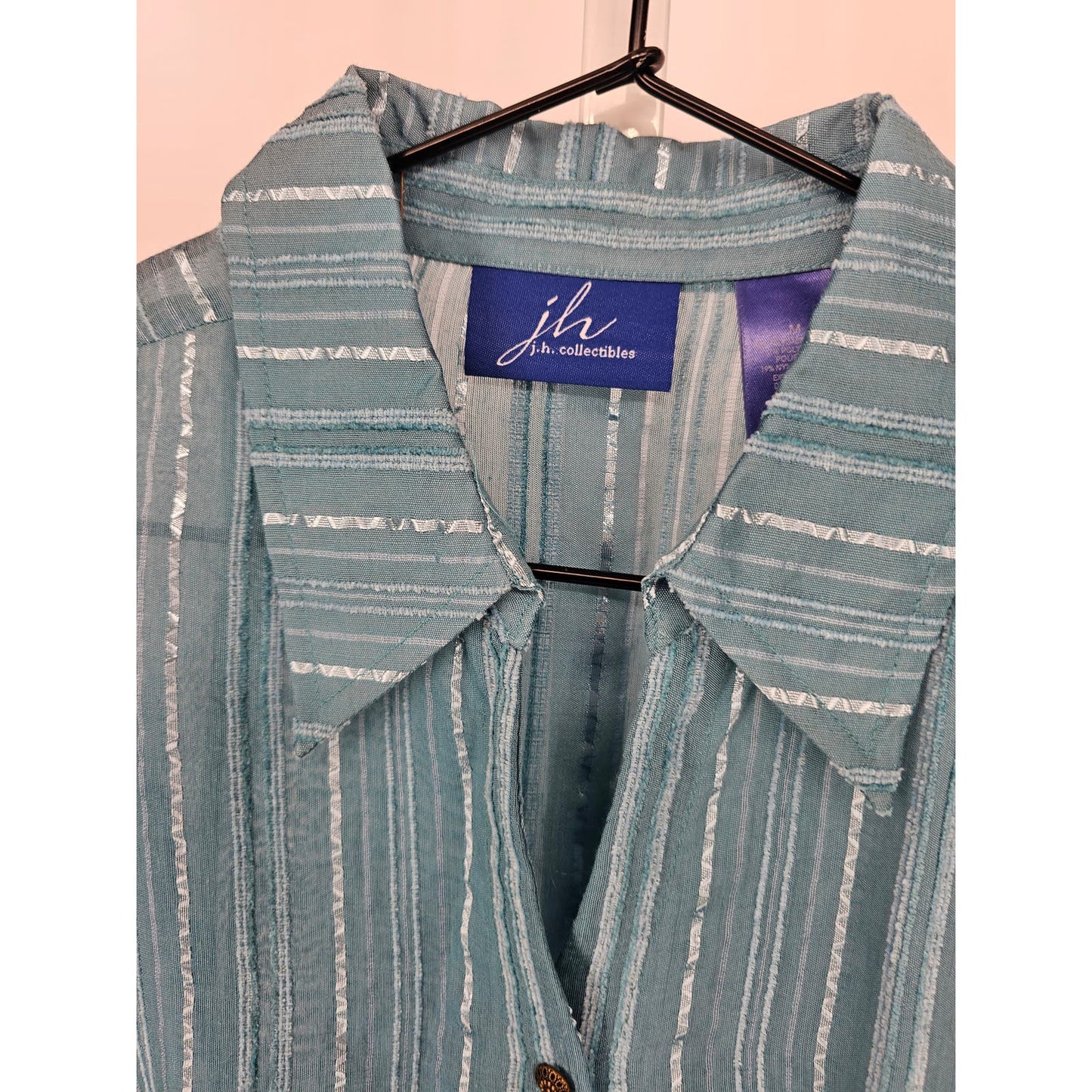 JH Collectibles Womens M Long Sleeve Button Up Dress Shirt Blue Metallic Weave