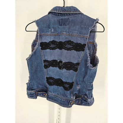 The Limited Womens Sz M Blue Jean Denim Vest Distressed Pride Button Up