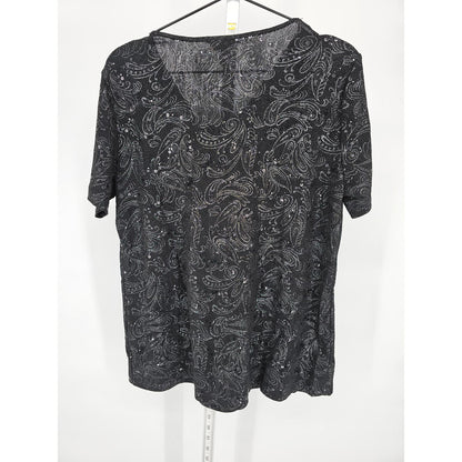 White Stag Womens Sz L Short Sleeve Blouse Black Glitter Paisley Print Formal