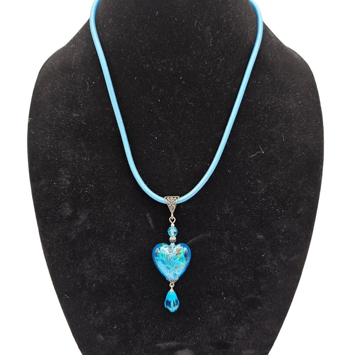 Vintage Y2K Pendant Necklace Blue Glass Heart Rope String