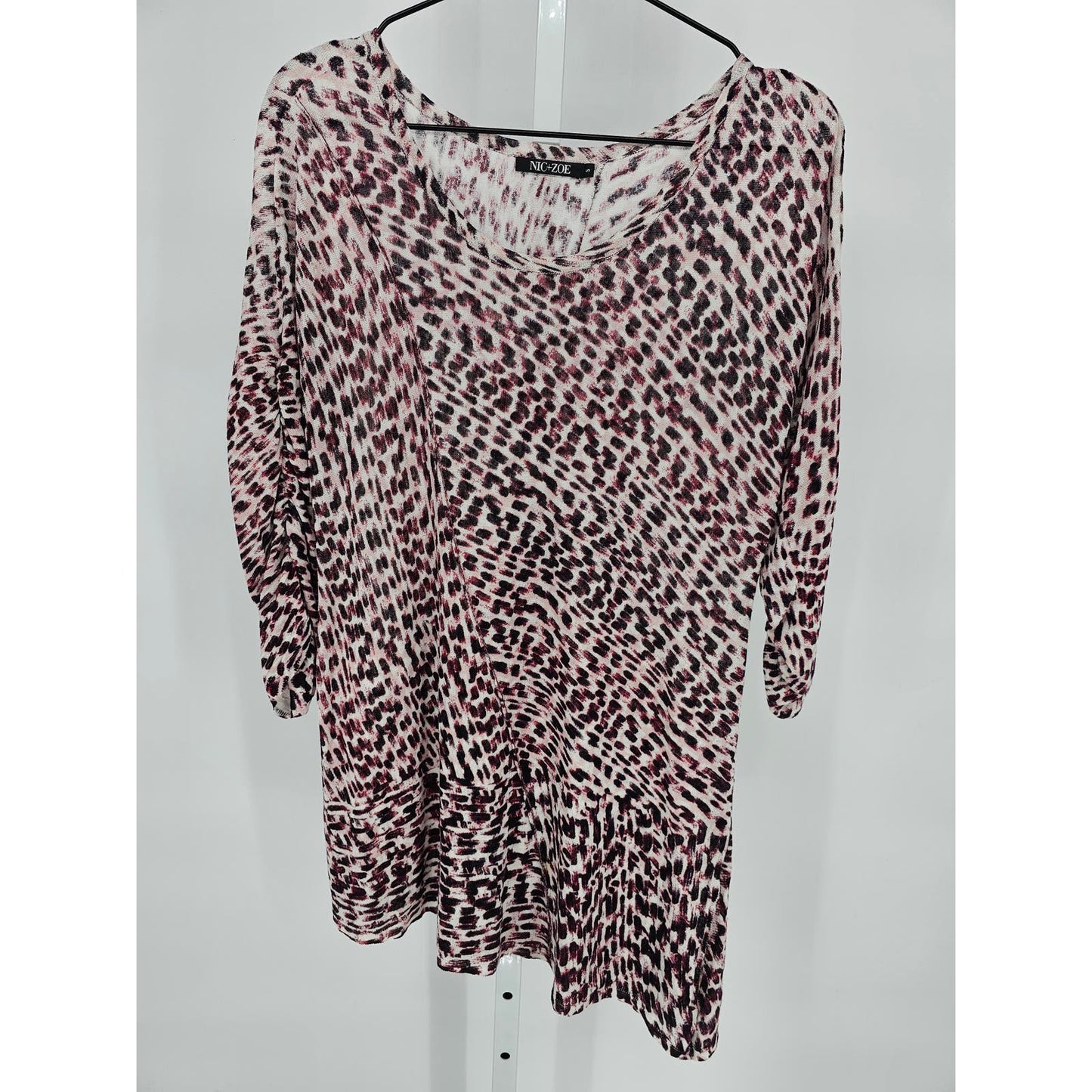 Nic + Zoe Womens Sz S Asymmetrical Hem Tunic Top Purple Black Print Long Sleeve