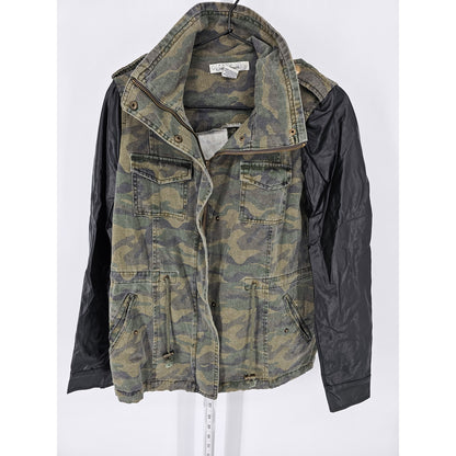 Sans Souci Womens Sz S Camo Print Zip Front Safari Jacket Faux Leather Sleeve