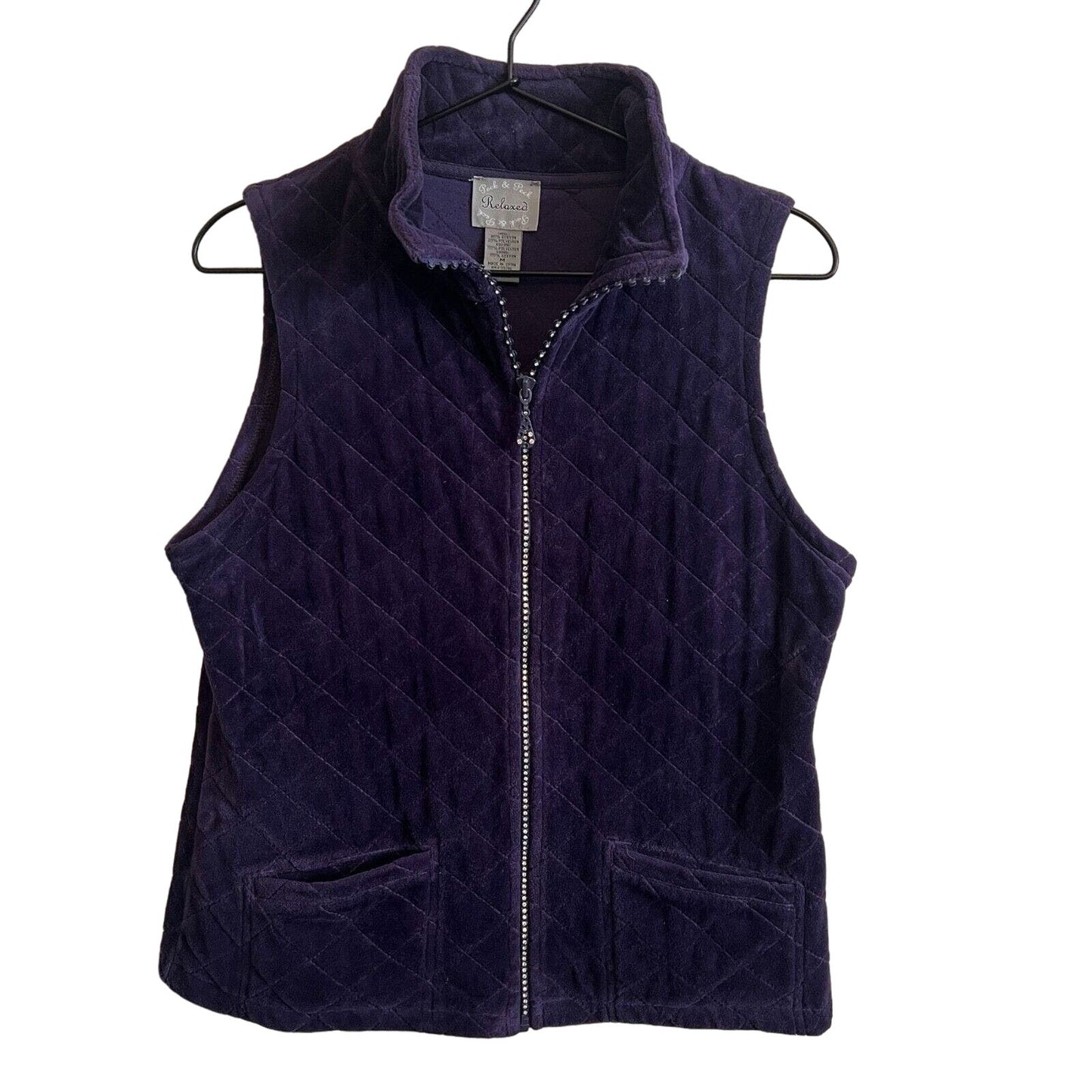 Peck & Peck Relaxed Womens Sz M Purple Velvet Quilted Vest Rhinestone Zipper