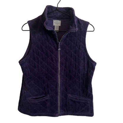 Peck & Peck Relaxed Womens Sz M Purple Velvet Quilted Vest Rhinestone Zipper