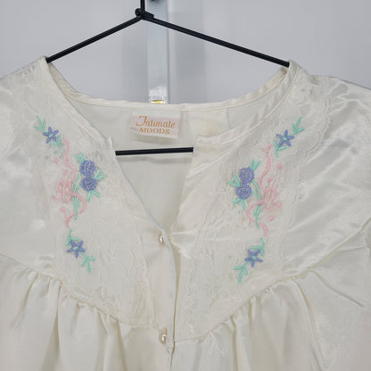 Vintage 1980s Intimate Moods Womens Sz M Satin Sleep Shirt Embroidered Floral