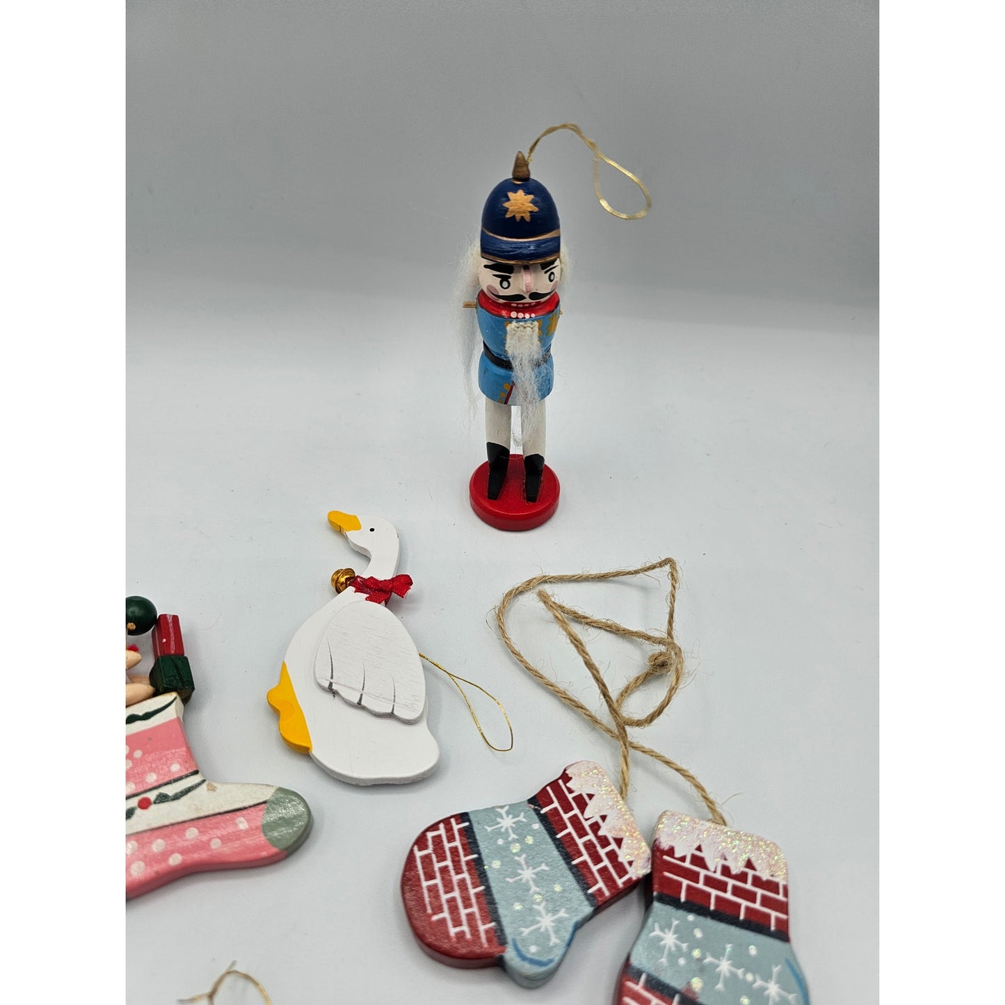 Lot of 5 Vintage Hand Painted Wooden Christas Ornaments Nutcracker Horse Goose