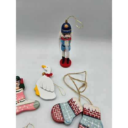 Lot of 5 Vintage Hand Painted Wooden Christas Ornaments Nutcracker Horse Goose