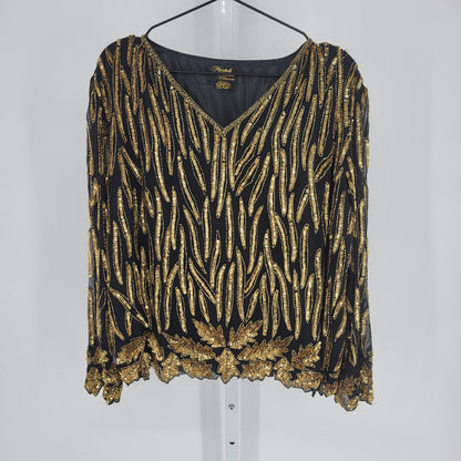 Marshall Rousso Womens Sz L 100% Silk Long Sleeve Beaded Blouse Black Gold