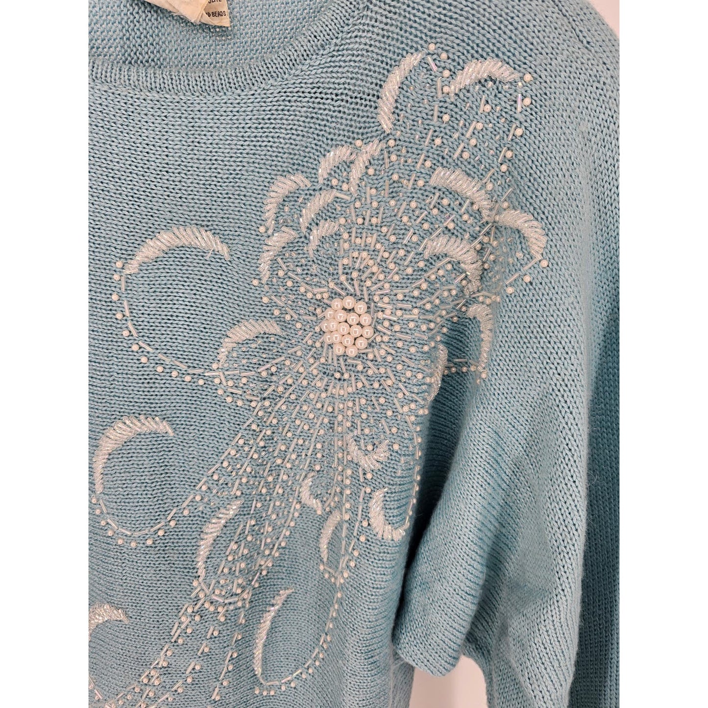 Vintage Campus Casuals Womens Sz L Wool Blend Sweater Light Blue Embroidered