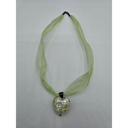 Vintage Y2K Glass Heart Pendant Necklace Lime Green Ribbon Style