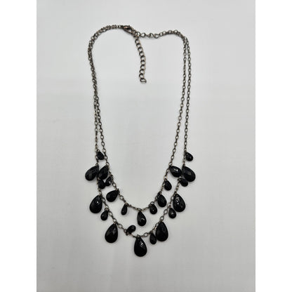 Vintage Y2K 2 Strand Beaded Chain Necklace Black Teardrop Rhinestones