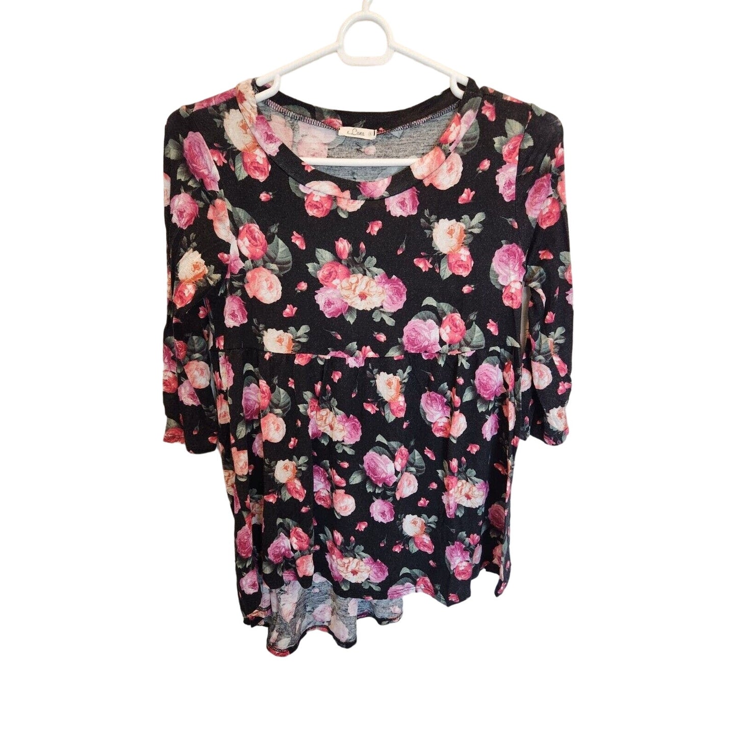 E Lina Womens Sz S 3/4 Sleeve Peplum Blouse Black Pink Floral