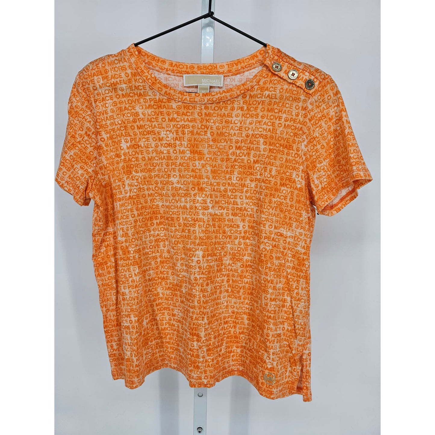 Michael Kors Womens Sz M Short Sleeve T Shirt Bright Orange Peace Love