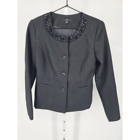 R&K Womens Sz 6 Structured Blazer Jacket Black Formal Rhinestone Studded